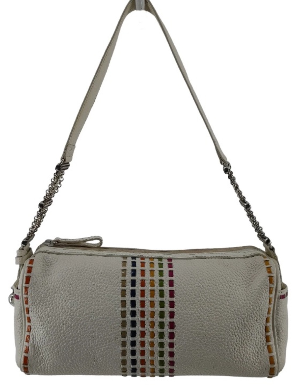Brighton White pebble leather shoulder bag w/silver chain/Multicolor Stitching